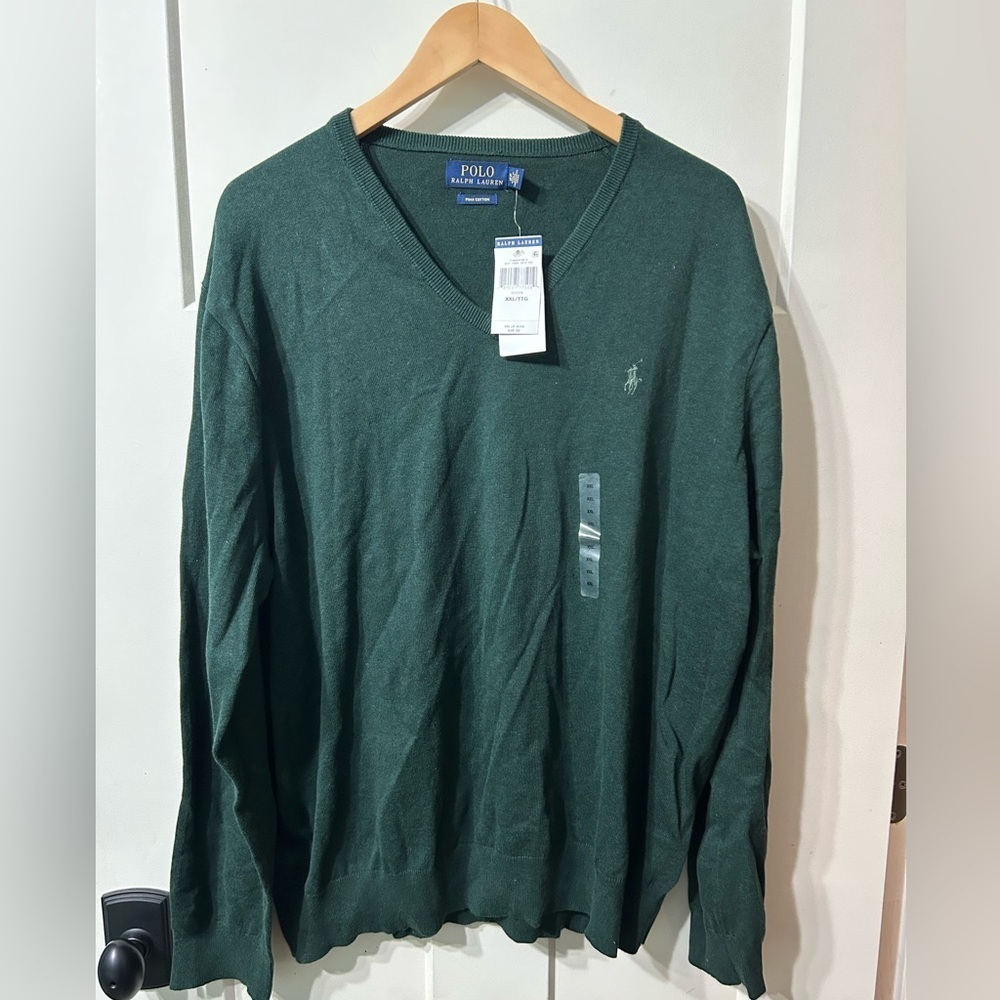 Polo by Ralph Lauren Men's Green V-Neck Prima Cotton Sweater